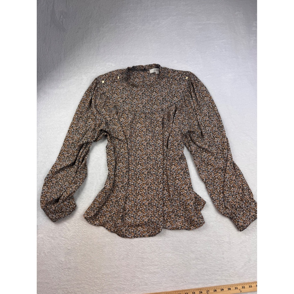 LOFT Womens XXL Ditsy Floral Blouse Ruffle Mock Neck Gold Button Shoulder Top - Picture 2 of 9
